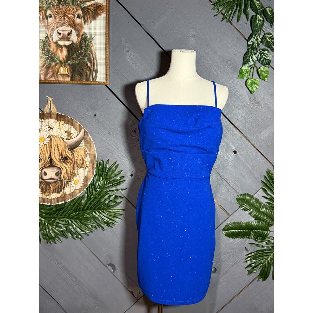 Symphony Glitter Strappy Stretch Blue Homecoming Mini Cocktail Dress Size L(Q04)